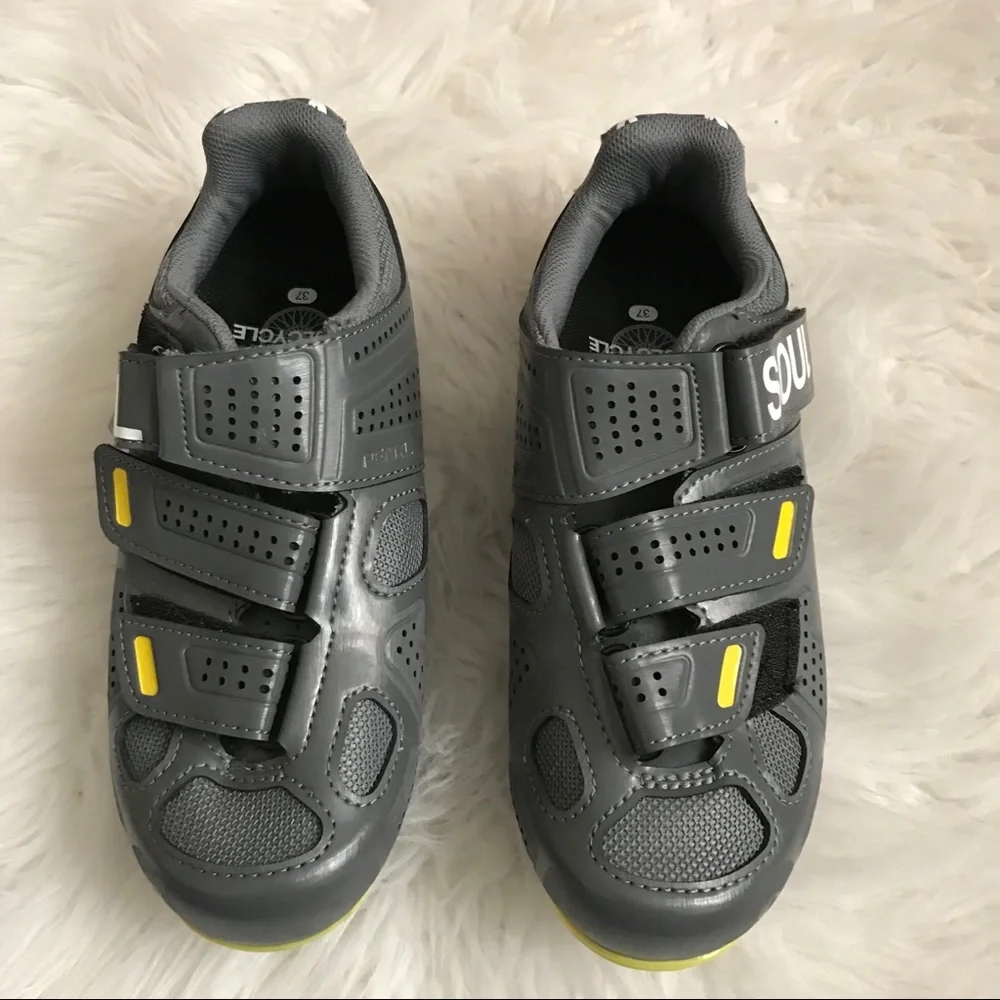 soulcycle Gray Cycling Shoe with Yellow Accents and Red Cleat